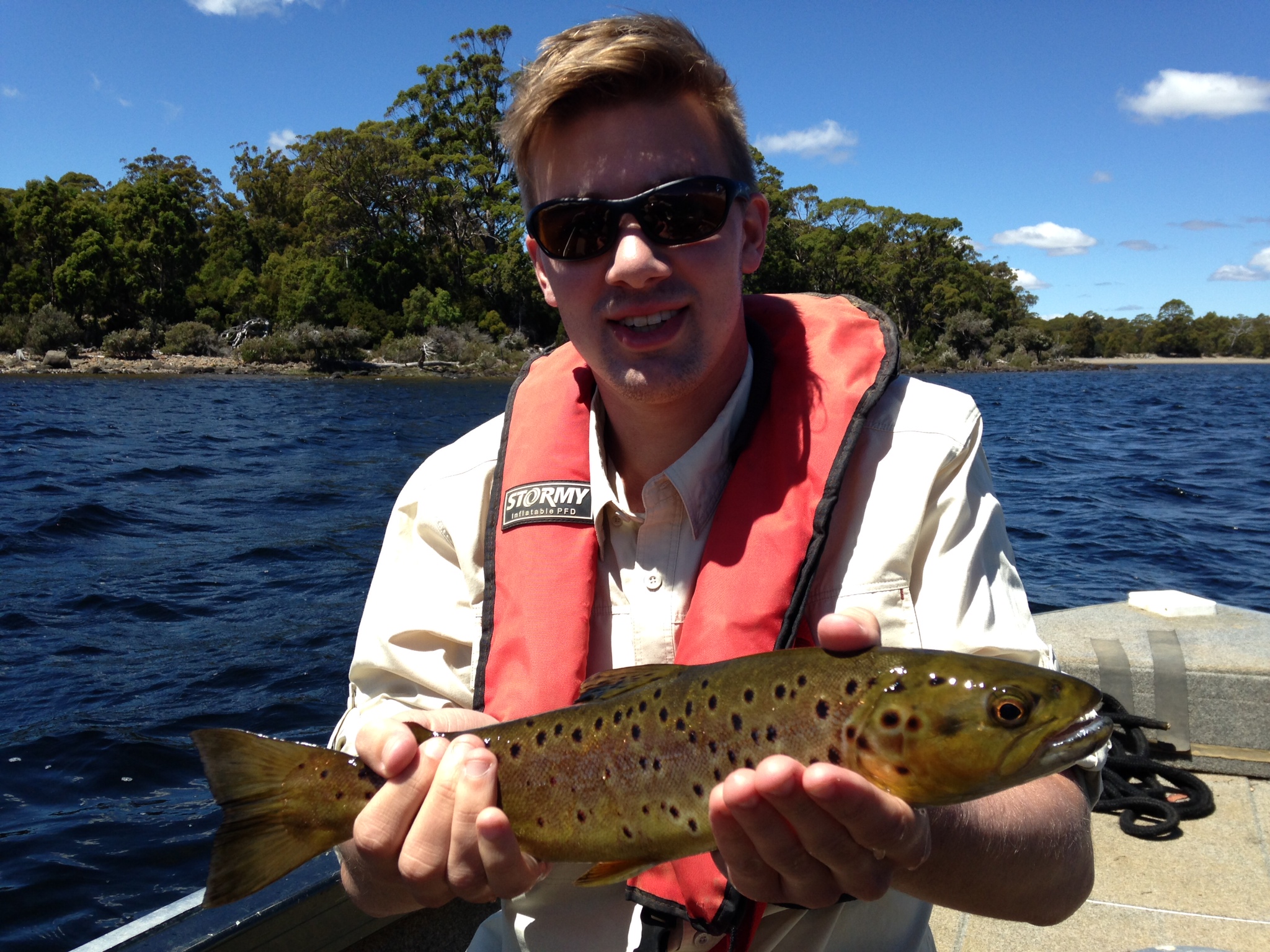 Nick Jarman at Lake St Clair with his first trout.